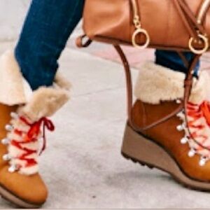 J. Crew Nordic Wedge Boots with Red Laces